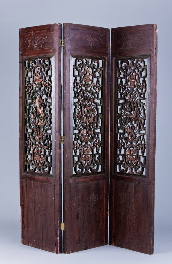 19th c. Chinese carved wood screen: Late 19th century Chinese export 3 panel pierce carved hardwood screen, each panel depicting birds and flowers surrounded by fretwork, 77"h x 60"w x 2"d.