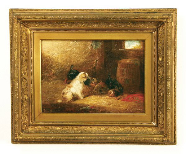 19th c. oil on canvas, artist monogrammed: 19th century American oil on canvas of three terriers in a barn scene, monogrammed "D G '76", with original Hudson River School carved and gilt frame, 10"h x 14"w.