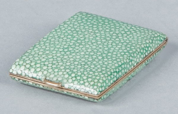 Green shagreen match case: Green shagreen pocket-size match case with quick-release clasp, stamped "Made in England,".25"h x 2"w x 2.5"d.
