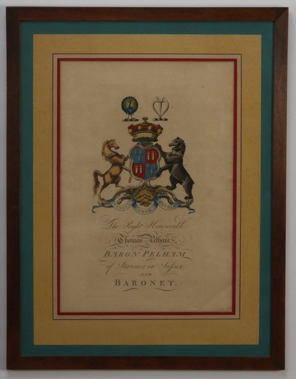 (2) 19th c. hand colored engravings: Pair of mid 19th century hand coloured engravings depicting British royal crests (1) Prince Charles Lenox, Duke of Richmond, Lenox & Aubigny and (1) The Right Honourable Thomas Pelham, Baron Pelham, a