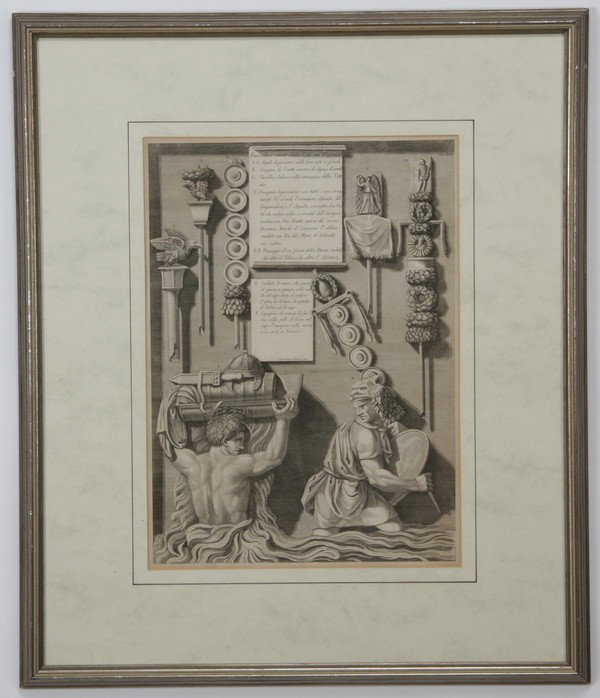 18th c. framed engraving, by Piranesi: Mid 18th century framed engraving depicting ancient Roman architectural fragments by the Cavalier Francesco Piranesi, overall size with frame 33"h x 28"w.