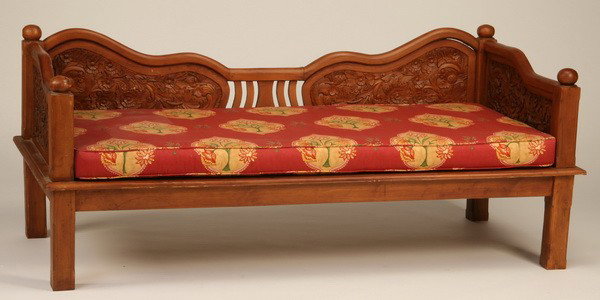 Mid 20th c. Burmese teakwood daybed: Mid 20th century carved Burmese teakwood daybed, 30"h x 72"l x 34"d.