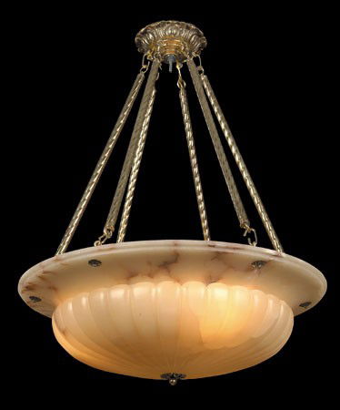 Early 20th c. alabaster chandelier: Early 20th century carved alabaster dome chandelier suspended from bronze rods, 45"h x 35.5" diam.