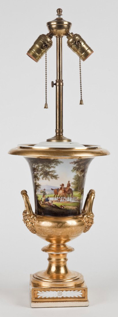 19th c. Old Paris hand painted porcelain lamp: Late 19th century Old Paris porcelain urn shaped table lamp with hand painted fox hunting scenes and gold gilt accents, 13"h x 4.5" square base.