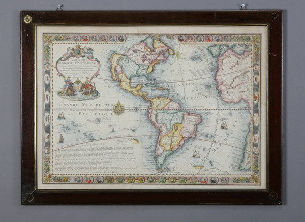 19th c. hand colored World Map engraving: Late 19th century hand colored engraving of a Map of the World, overall size including frame 24"h x 32.5"w.