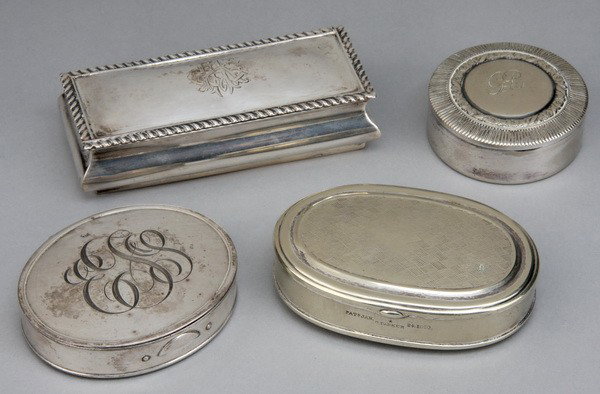 (4) 19th c. silver snuff boxes: Grouping of 4 late 19th and early 20th century sterling and silver plate snuff boxes ranging in width from 2 1/8" to 4". Includes (1) rectangular English sterling silver snuff box, maker marked C.H (C