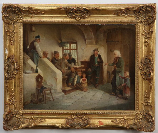 19th c. Continental oil on panel, signed: 19th century Continental oil on panel, "The Fiddle Player" artist signed and dated lower right, E. Slich 1889, 14"h x 17.5"w.
