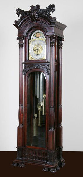 1884 World's Fair winner - tall case clock: Very rare late 19th c. American carved mahogany tall case clock with Herschedes 9 tube movement, the clock face with original plaque inscribed "Elite, Grand Prize, St. Louis", design winner in the 188