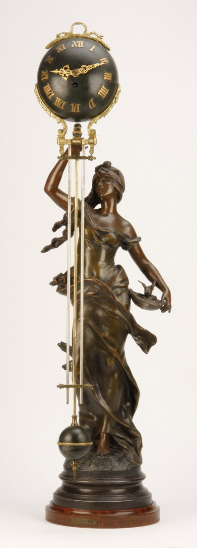 Rare 19th c. figural French swinger clock: Rare 19th c. Napoleon III figural French swinger clock, in the form of a patinated metal maiden depicting Spring, holding an oversized sphere shaped clock with attached silver gilt pendulum in one han