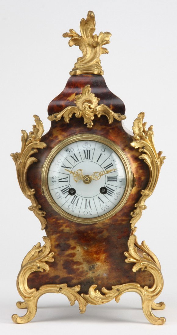 19th c. bronze and tortoiseshell clock: 19th century French Louis XV style veneered tortoiseshell and dore' bronze mounted clock with clockworks by L.P.Japy & Co. #3419.