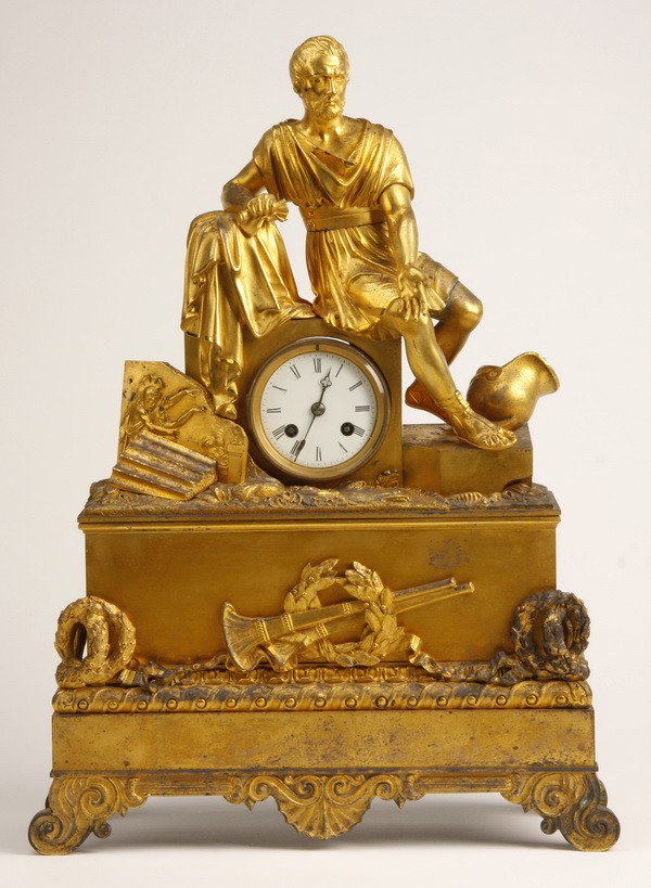 19th c. French dore' bronze figural clock: 19th century Napoleon III dore' bronze figural clock depicting a seated Roman figure on stepped base, the clock mechanism maker marked "Japy Freres", 21.5"h x 15"w x 5.5"d.