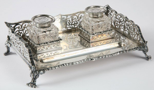 19th c. English crystal and sterling inkwell: 19th century English cut crystal and sterling silver two compartment inkwell together with reticulated tray, hallmarked TB (Thomas Blake), Exeter, England, 3"h x 8.5"l x 6"w.