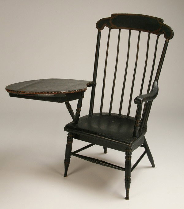 19th c. American Shaker writing chair: Fine 19th century American Shaker Windsor comb back chair with leather top writing arm and two concealed storage drawers - one underneath the writing arm, the other underneath the seat, 47"h x 42"w x 