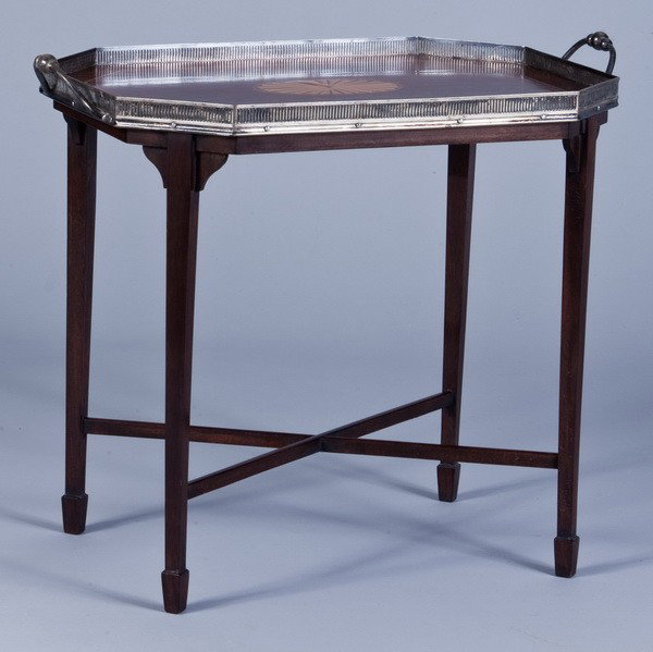 20th c. inlaid butler's tray table: 20th century butler's tray table, the tray with marquetry inlaid central medallion over square tapered legs joined by an X-stretcher, 26"w x 16"d x 21.75"h.