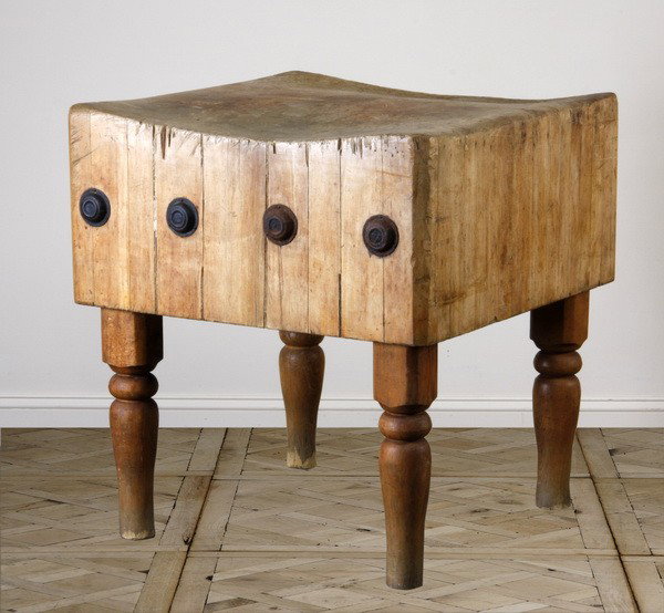 19th c. French oak butcher block: 19th century French oak butcher block, 32"h x 30"w x 30"d.