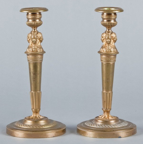 (2) 19th c. dore' bronze candleholders: Pair of late 19th century dore' bronze George III candleholders, 10"h x 6" diameter base.