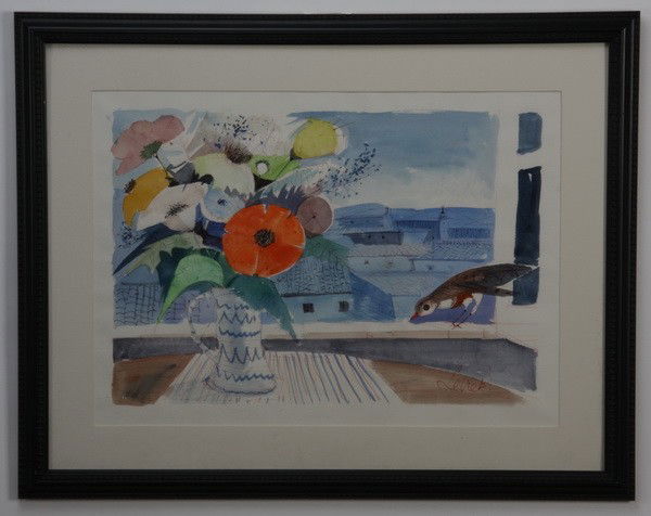 20th c. watercolor, signed Levier: 20th century watercolor under glass depicting a flower filled vase in an open window, signed lower right (Charles) Levier, (American/New York 1920-2004), 18"h x 24"w.