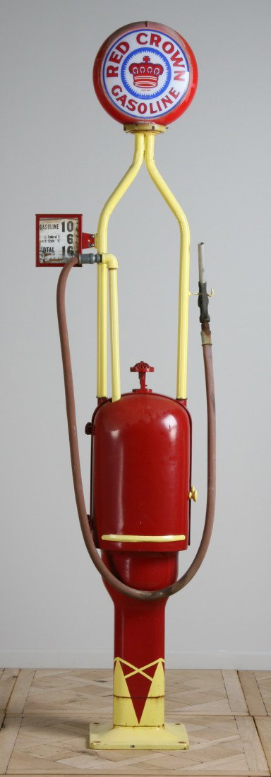 Vintage gas pump with Red Crown logo: Early 1900's American gas pump, copper plate maker marked Gilbert & Barker, Springfield, Mass., Model # T-8, serial # DH 9006, c. 1907, with the Red Crown Gasoline brand logo, and a Red Crown Gasoline