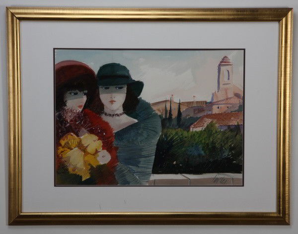 20th c. watercolor, signed Levier: 20th century watercolor under glass depicting girls with floral bouquet, signed lower right (Charles) Levier, (American/New York 1920-2004), 21"h x 29"w.