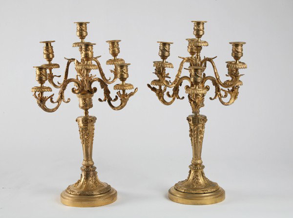 Pair of Louis XV-style gilt bronze candelabra: Pair of Louis XV-style dore' gold over bronze 7-light candelabra, 20"h.