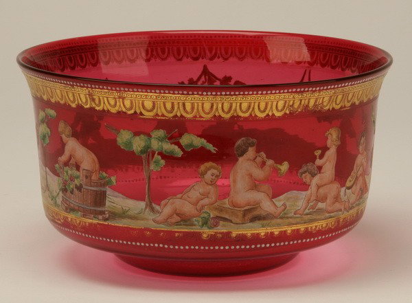 19th c. Rosenthal ruby compote: Late 19th century Rosenthal ruby compote with hand decorated Bacchanalia scenes of playful putti celebrating the grape harvest, 5"h x 8.75" diam.