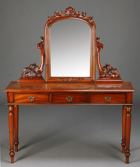 Victorian style ladies' dressing table: Victorian-style carved mahogany ladies' dressing table, with tilt mirror, 58"h x 48"w.