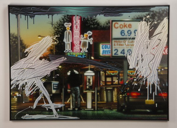 Late 20th c. acrylic on canvas, signed Evans: Late 20th century acrylic on canvas, titled "Chubby's at Dusk", signed and dated en verso Bruce Evans 1989, 36"h x 50"w.