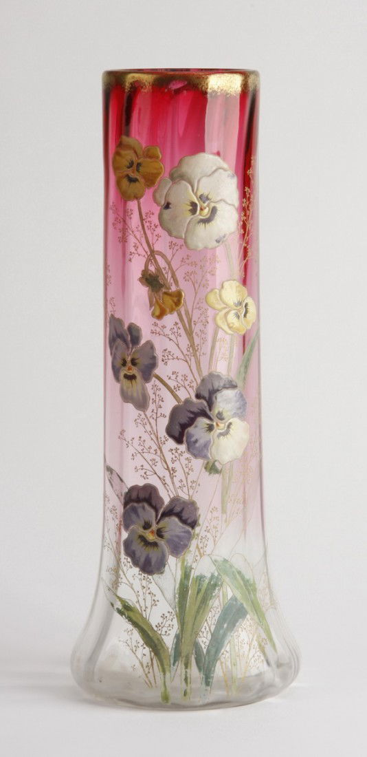19th c. Moser art glass vase: Late 19th century Moser art glass vase with enameled floral overlays in the form of pansies, 14"h x 5.5" diameter.