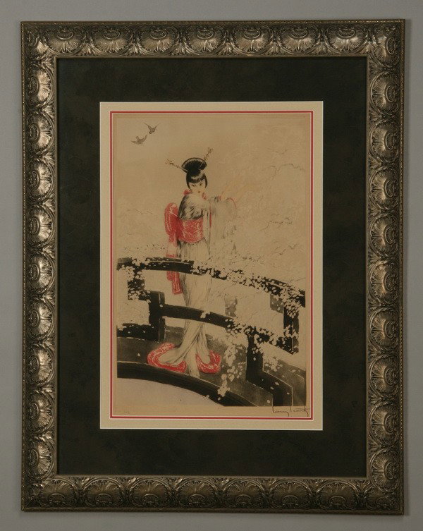 Mid 20th c. etching, signed Icart: Very fine large dry point etching "Girl in Kimono", watermarked and signed in pencil lower right (Louis Justin Laurent) Icart, ( French 1888-1950), overall size with frame 34"h x 27"w.