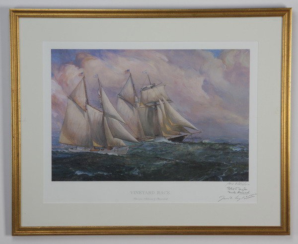 Artist signed and numbered lithograph: Limited edition lithograph, titled "Vineyard Race, Schooners Alabama & Shenandoah", artist signed and numbered, James Mitchell, 14 of 750, and signed by 3 of the crew members, overall size including f