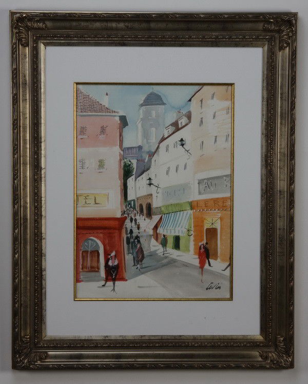 20th c. watercolor, signed Levier: 20th century watercolor under glass of a French street scene, signed (Charles) Levier, (American/New York 1920-2004), 30"h x 40"w.