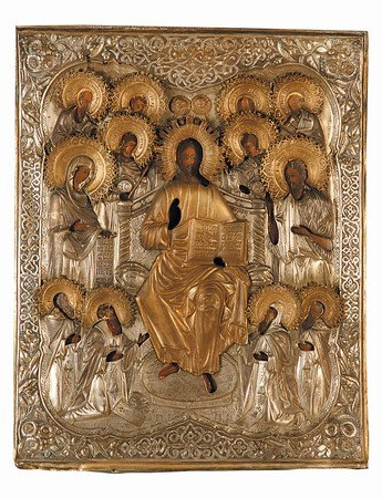 18th c. Byzantine icon: Late 18th century Byzantine icon with oil on panel figures of Christ, the Virgin Mary and the Apostles with original embossed silver and gold gilt overlay, 27"h x 22"w.