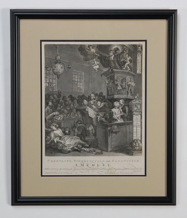 (3) 19th c. engravings, by Hogarth: Group of three 18th century framed engravings by William Hogarth, each dimension includes the frame: (1) "A Medley", 25.5"h x 21"w; (1) "Paul Before Felix", 19"h x 22"w; (1) "France", 20.5"h x 23.5"w.