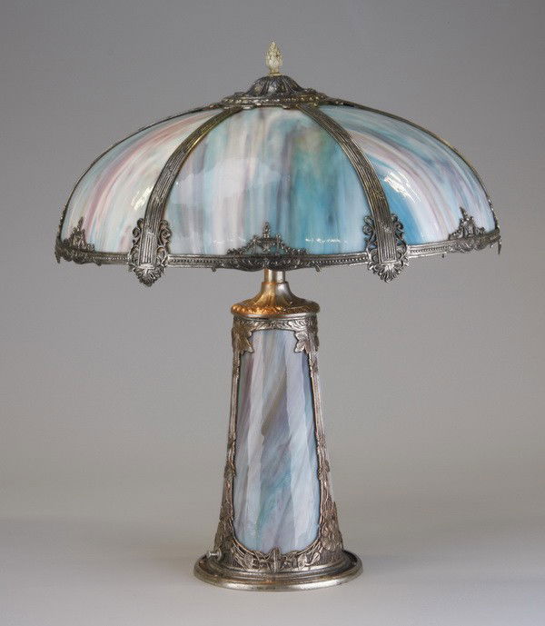 Early 20th c. slag glass parlor lamp: Early 20th century American silver gilt metal and slag glass parlour lamp, 25"h x 18" diameter shade.