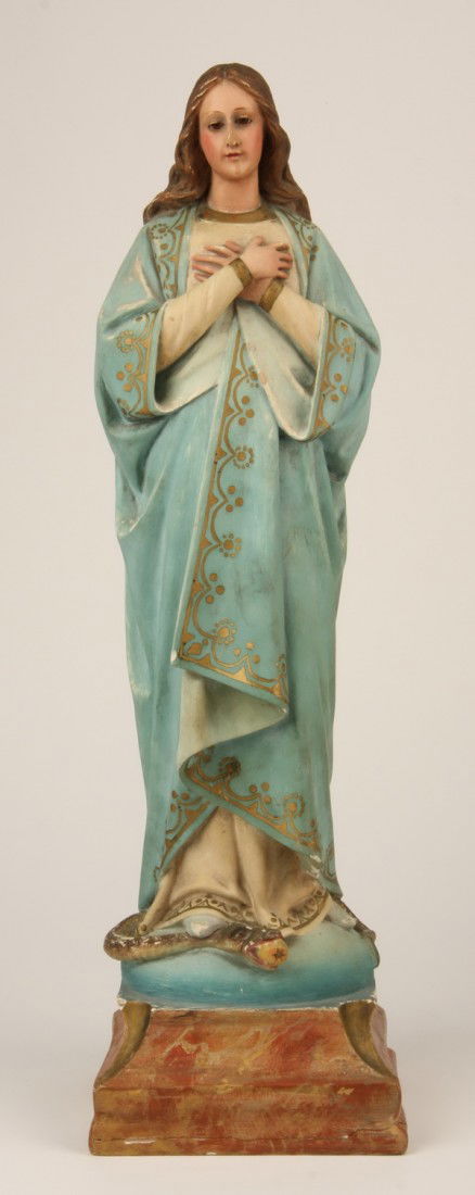 Early 20th c. statue of the Virgin Mary: Early to mid 20th century hand painted cast plaster statuette of the Virgin Mary, 21"h x 6.25" square base.