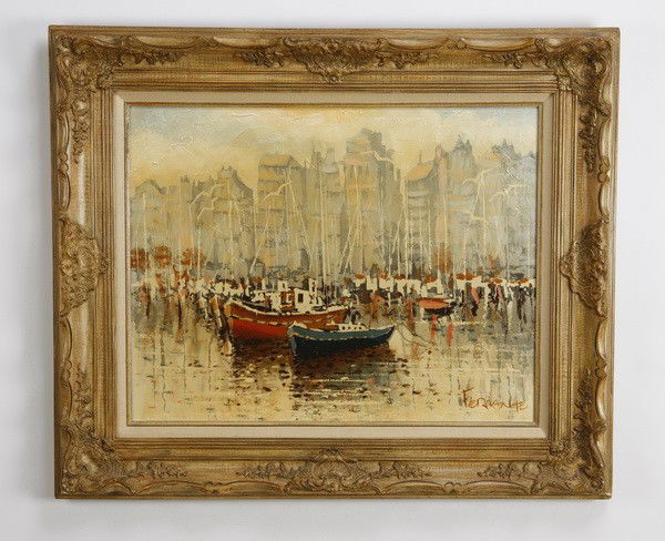 Mid 20th c. oil on canvas, signed Ferrante: Mid 20th century oil on canvas harbor scene, signed Ferrante, 21"h x 27"w; overall size with frame 32"h x 38"w.