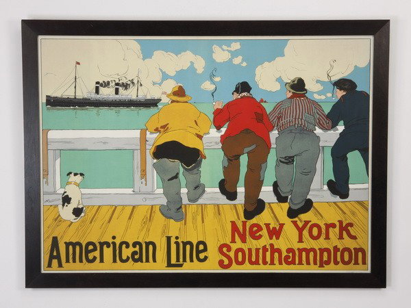 20th c. American travel poster: 20th century framed American travel poster advertising the American Line steamship company's route between New York and Southampton, designed by Belgian artist Henri Cassiers, overall size including f