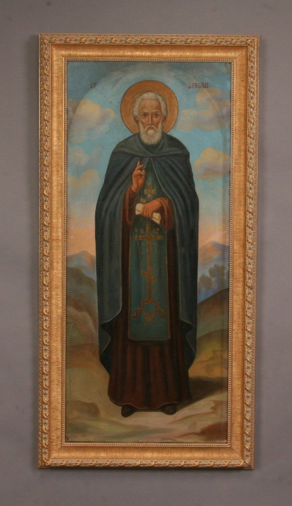 Oversized early 20th c. oil on canvas icon: "St. Sergius", early 20th century oil on canvas Greek Orthodox icon mounted on a metal panel, de-accessioned from The Protection of the Virgin Mary Orthodox Church in Gary, Indiana, overall size 68"h 