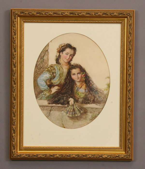 19th c. watercolor, signed Murray: "Two Madrilenas", 19th century watercolor depicting a pair of young girls in native Spanish attire, signed l.r. E. H.(Elizabeth Heaphy) Murray, (American, 1815-1882), 15"h x 12"w.