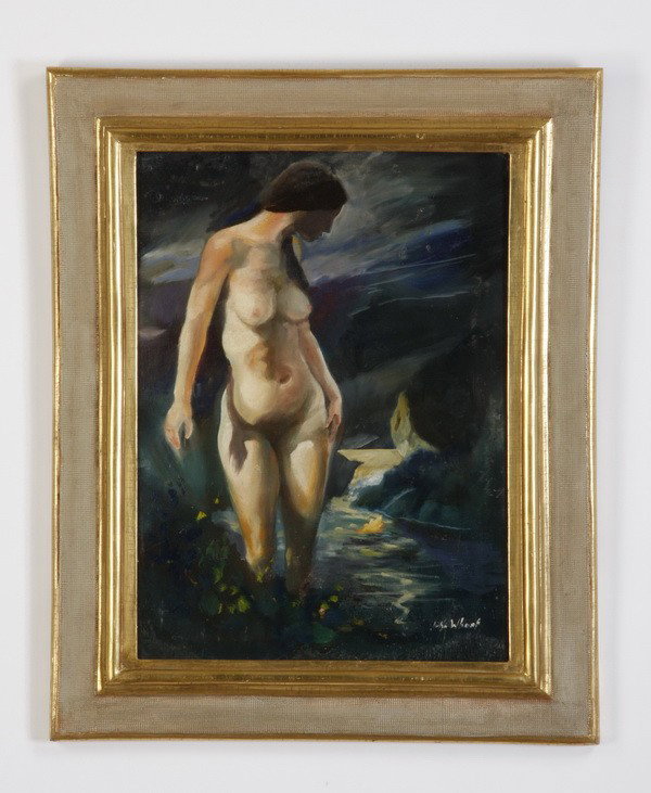 Early 20th c. oil on canvas, signed Whorf: Early 20th century American oil on canvas depicting a maiden under a moonlit sky, artist signed John Whorf, (American Massachusetts 1903-1959), 25.5"h x 18.5"w.