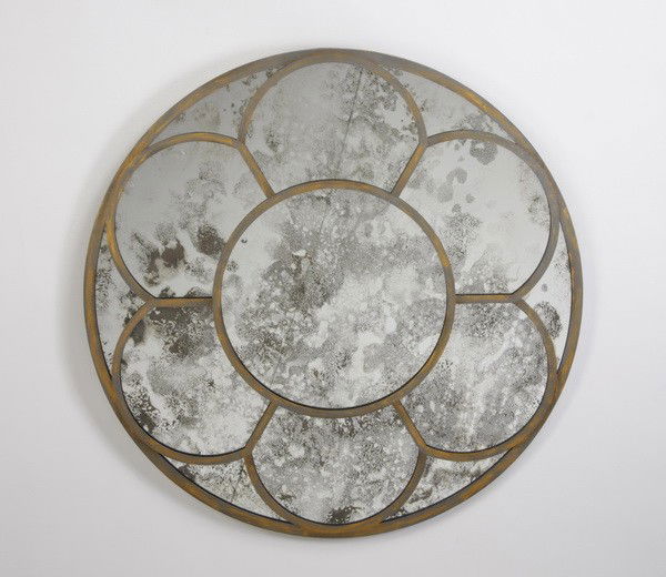 Contemporary Niermann Weeks mirror: Contemporary circular metal mirror with antiqued finish glass and frame by Niermann Weeks, maker marked, 45" diameter.