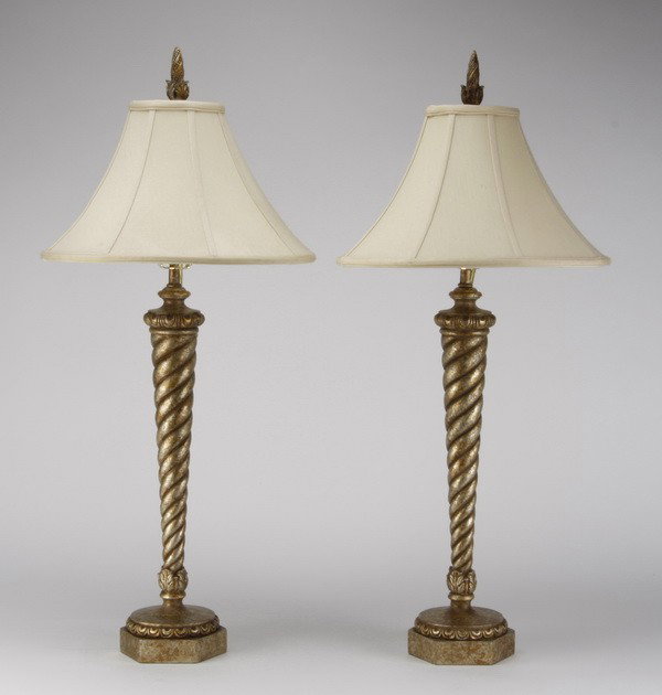 (2) Contemporary buffet lamps: Pair of contemporary twist stem buffet lamps with silver and gold mottled gilt finish, 34"h x 5.5" hexagonal base.