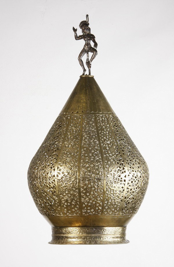20th c. Indian reticulated brass hanging lamp: 20th century Indian reticulated brass onion dome shaped hanging light fixture surmounted with a dancing figure, 36"h x 13.5" diameter base.