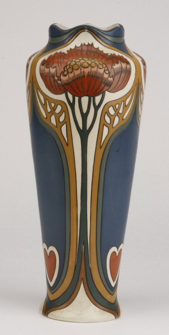 20th c. German Art Nouveau pottery vase: Early 20th century German Art Nouveau pottery vase by Mettlach, Villeroy & Boch, impressed maker's mark, 14.5"h x 4.25" diameter base.