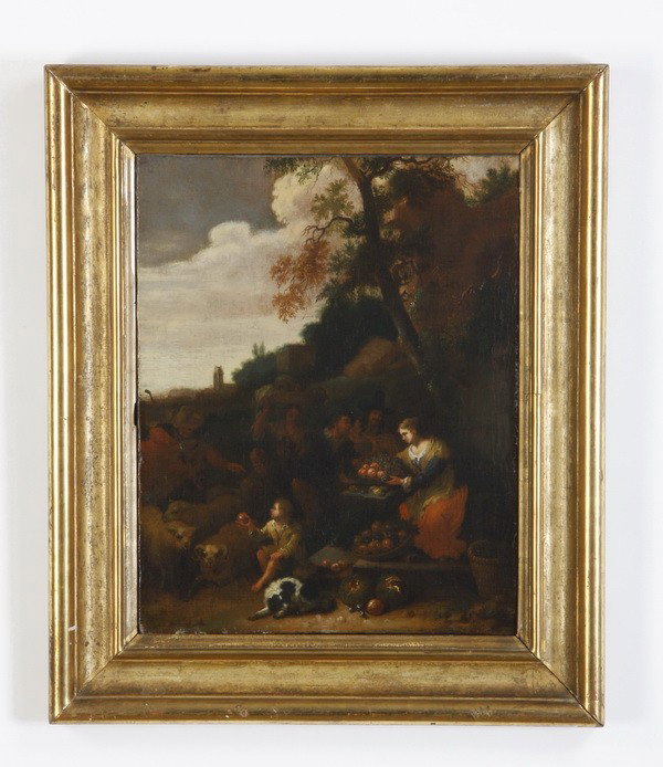Dutch Old Master oil on canvas: Rare Dutch Old Master oil on canvas, landscape with family in foreground, unsigned school of Dirk Helmbreker, (Dutch 1633-1696), 20.5"h x 15.5"w.