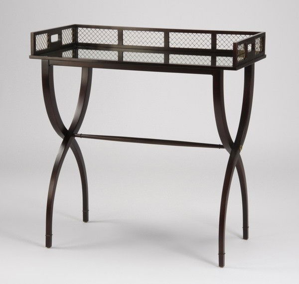 Contemporary Baker Furniture drinks table: Contemporary mahogany drink tray table with inset mirrored top, from The Barbara Barry Collection for Baker Furniture, maker marked, 39"h x 28"w x 18.5"d.