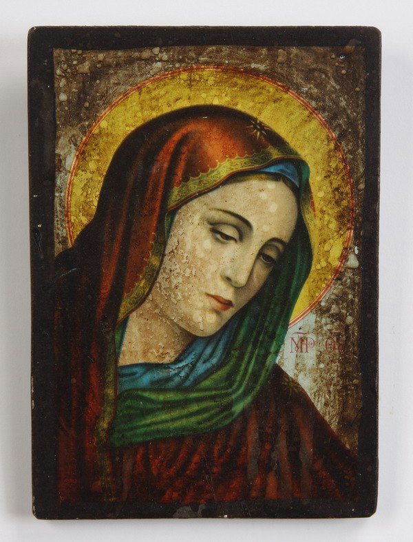 (5) Small Greek Orthodox icons: Group of 5 small Greek Orthodox icons: (1) Christ, 4.5"h x 3.5"w.; (1) St. George slaying the dragon, 4.5"h x 3.5"w; (1) Annunciation, 7.5"h x 6"w; (1) Madonna and Child, framed and under glass, 6.25"