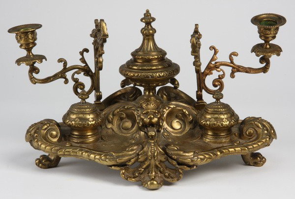 19th c. French bronze inkwell: Very fine late 19th century Louis XV style three compartment gilt bronze inkwell with pen holder all flanked by candle holders,13.5"h x 8.5"w x 9"d.