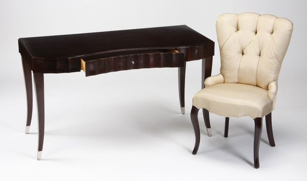 Contemporary Baker Furniture desk & chair: Contemporary ladies' writing desk with fluted edge and tapering legs, and accompanying button tufted upholstered chair from The Barbara Barry Collection for Baker Furniture, both pieces maker marked,