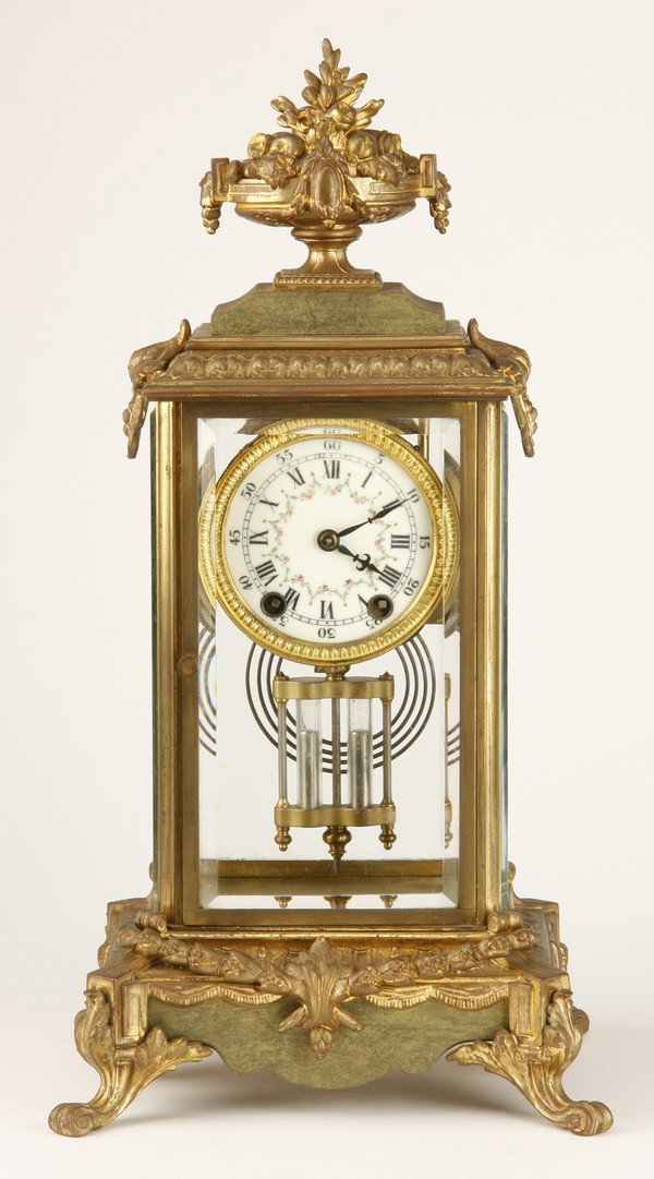 19th c. American bronze clock: 19th century American clock featuring a bronze urn at the crest, a mercury filled pendulum and original beveled glass panels, clock mechanism maker marked "R. Kaiser, Made in USA #51890", 17.5"h x 8.5